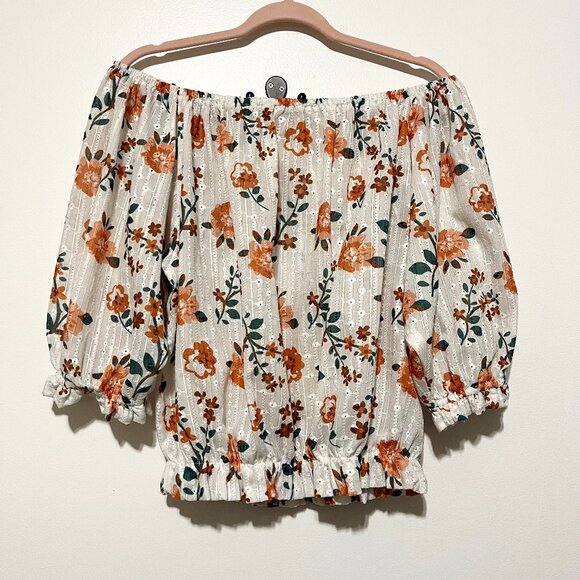 Solitaire Womens Off Shoulder Peasant Blouse Size M Ivory Floral Ruffle Bohemian - Picture 1 of 7